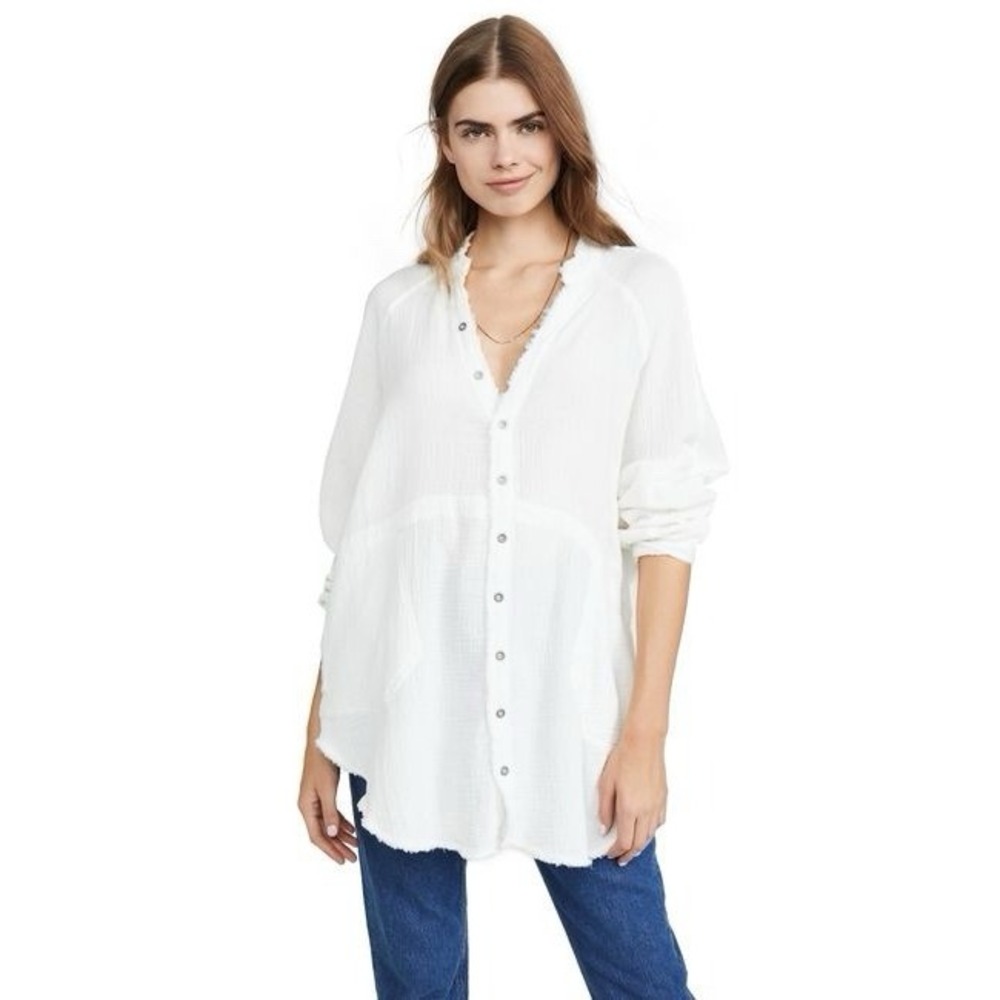 We The Free Free People White Cotton Button Up Blouse Size XL Gauze Shirt - Picture 2 of 8